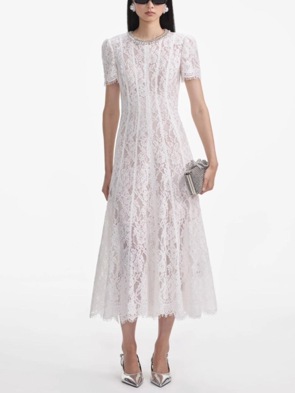 WHITE SEQUIN LACE EMBELLISHED MIDI DRESS - US 10